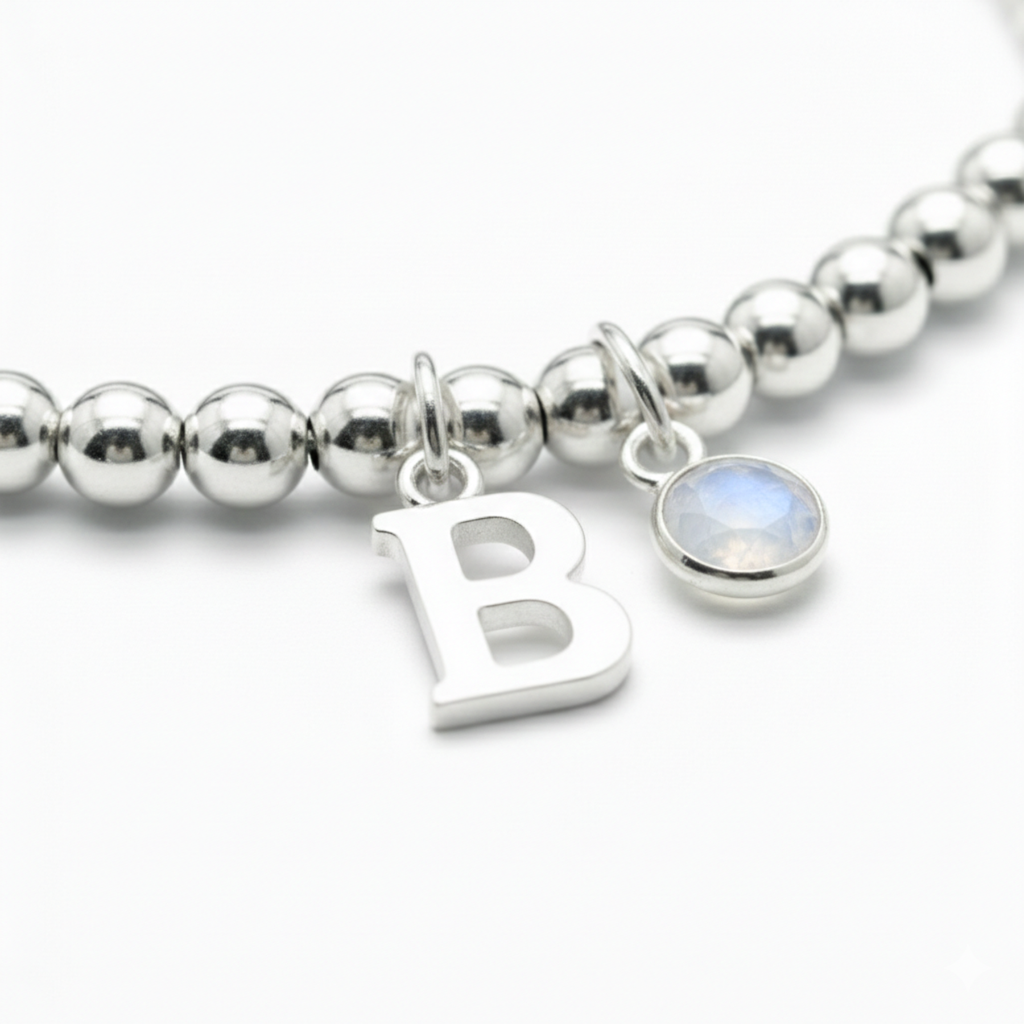 Personalised June Birthstone, Initial Letter & Moonstone Charm Bracelet