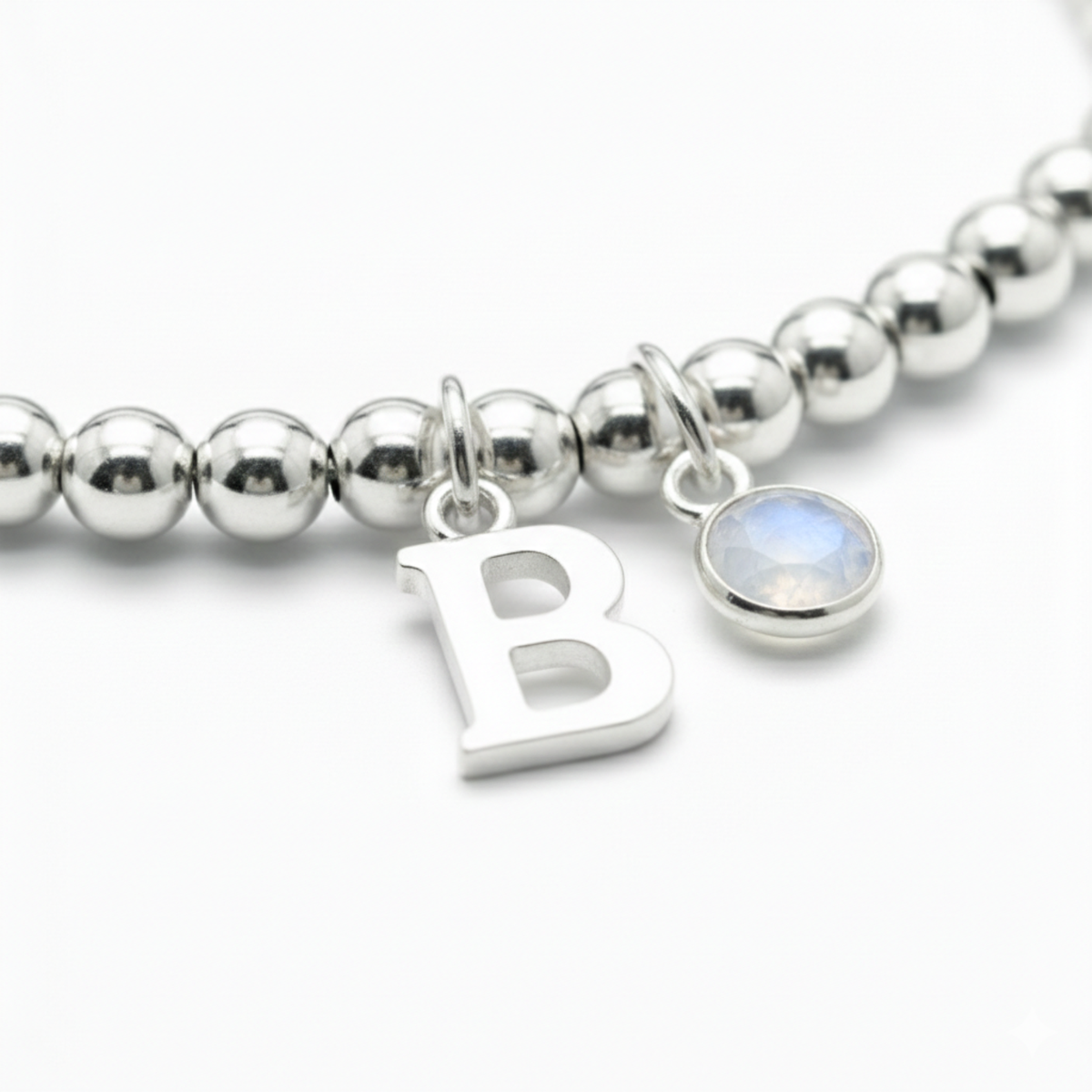Personalised June Birthstone, Initial Letter & Moonstone Charm Bracelet