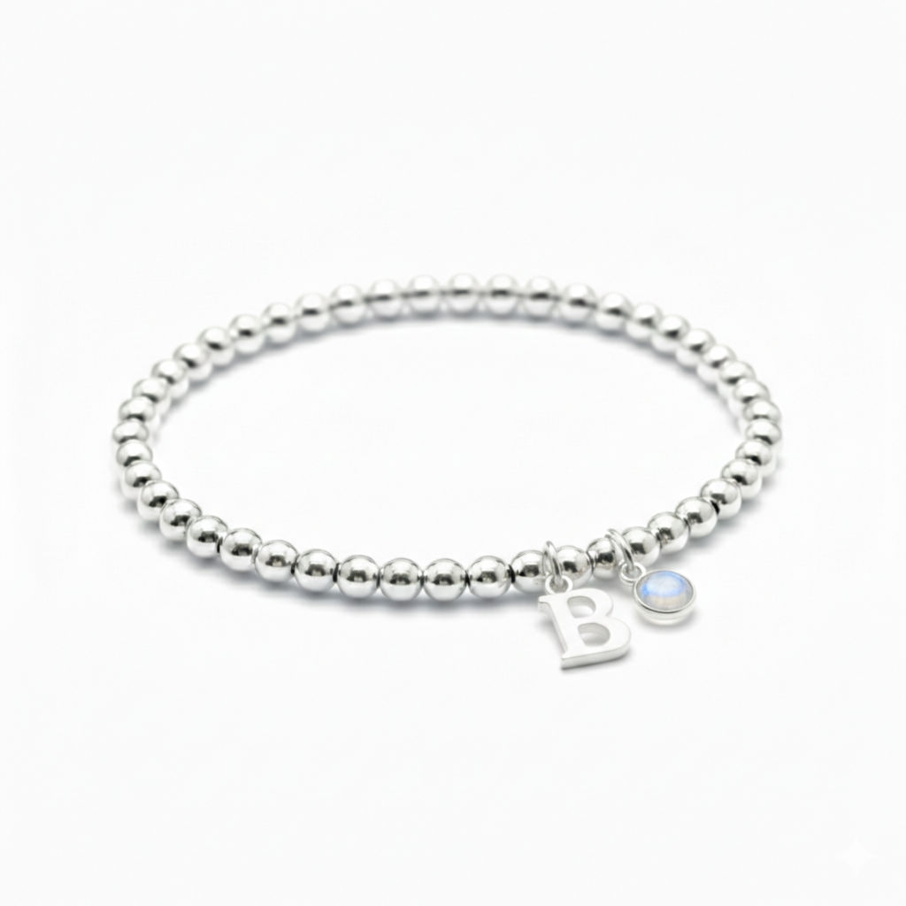 Personalised June Birthstone, Initial Letter & Moonstone Charm Bracelet