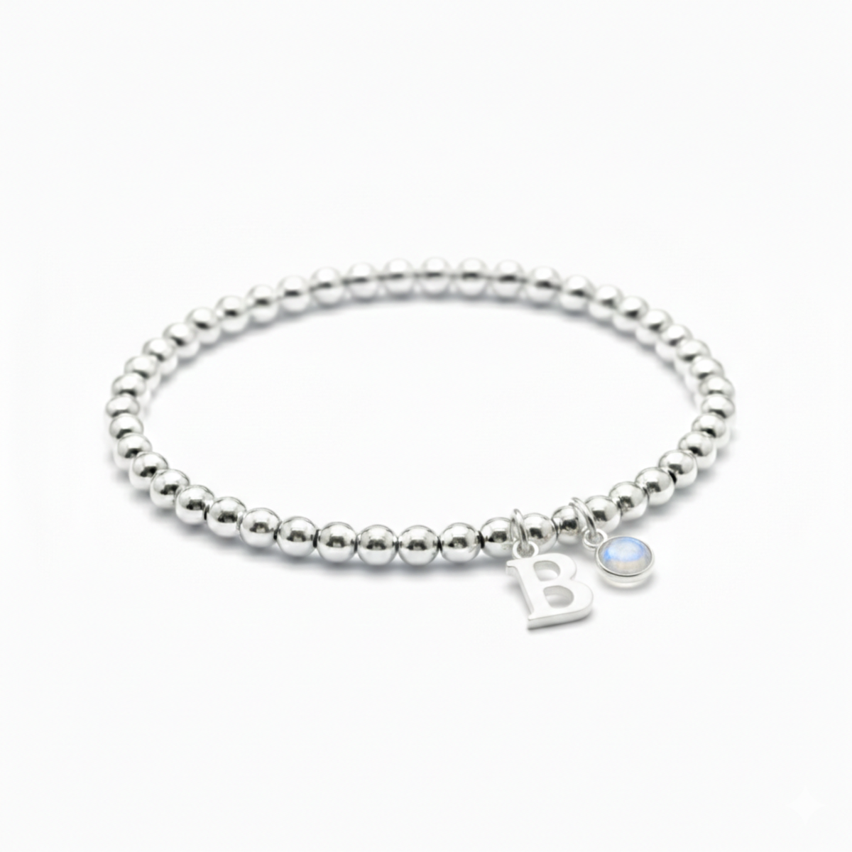 Personalised June Birthstone, Initial Letter & Moonstone Charm Bracelet