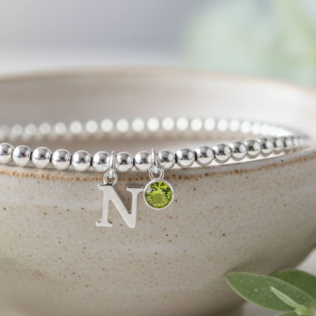 Initial & August Birthstone Bracelet | Personalised Stretch Bead Bracelet