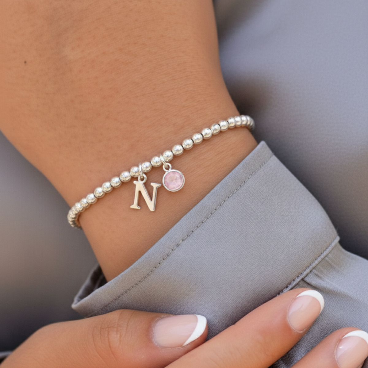 Initial & October Birthstone Bracelet | Personalised Stretch Bead Bracelet