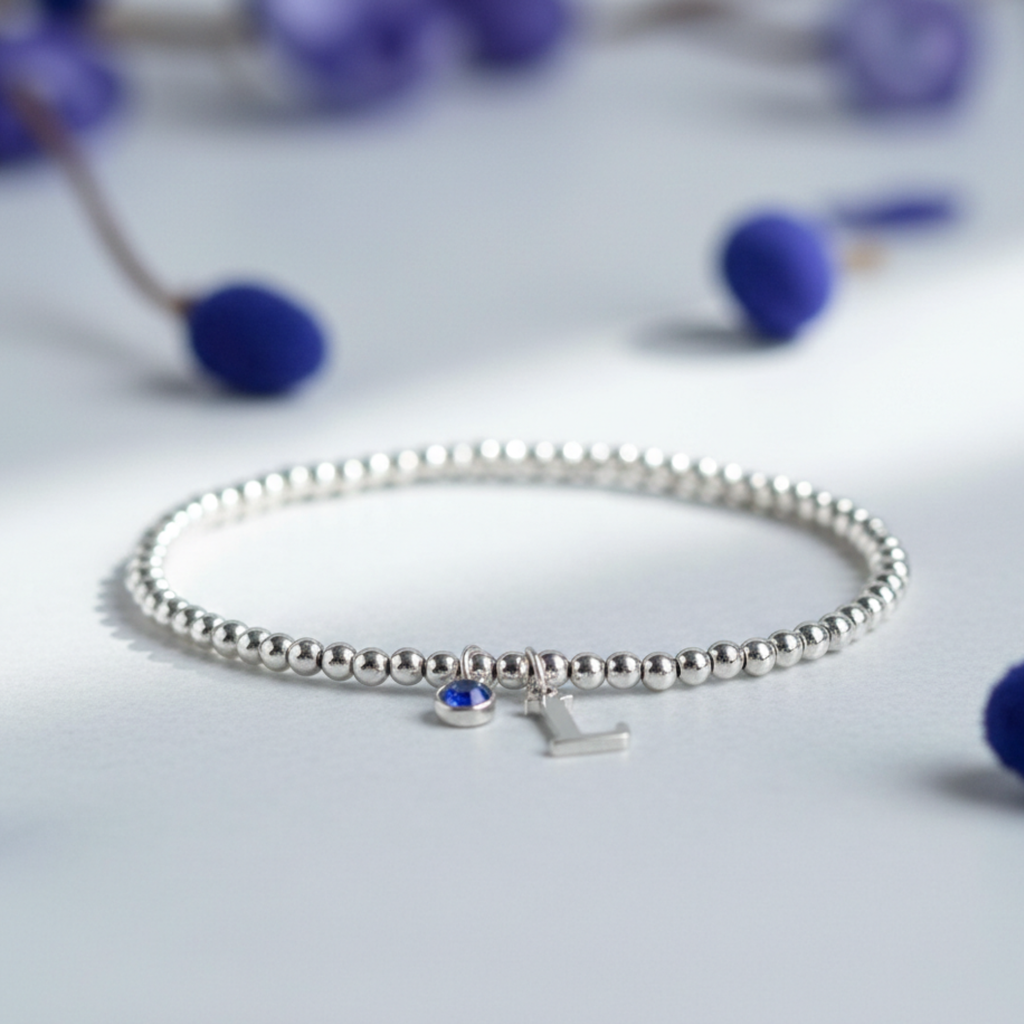 Initial & September Birthstone Bracelet | Personalised Stretch Bead Bracelet