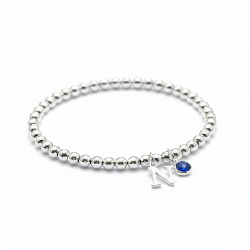 Initial & September Birthstone Bracelet | Personalised Stretch Bead Bracelet