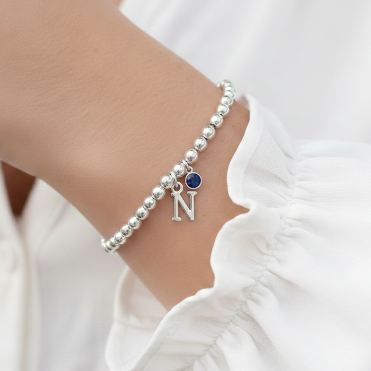 Initial & September Birthstone Bracelet | Personalised Stretch Bead Bracelet